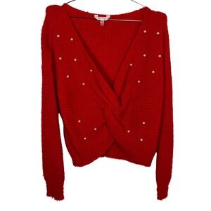 Red Eyelash Knit Twist Front Pearl Sweater No Boundaries Holiday Top XL